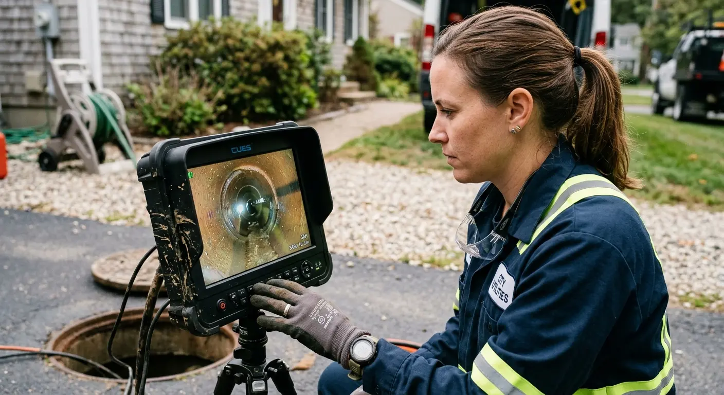 Technician reviewing sewer camera inspection footage in De Soto