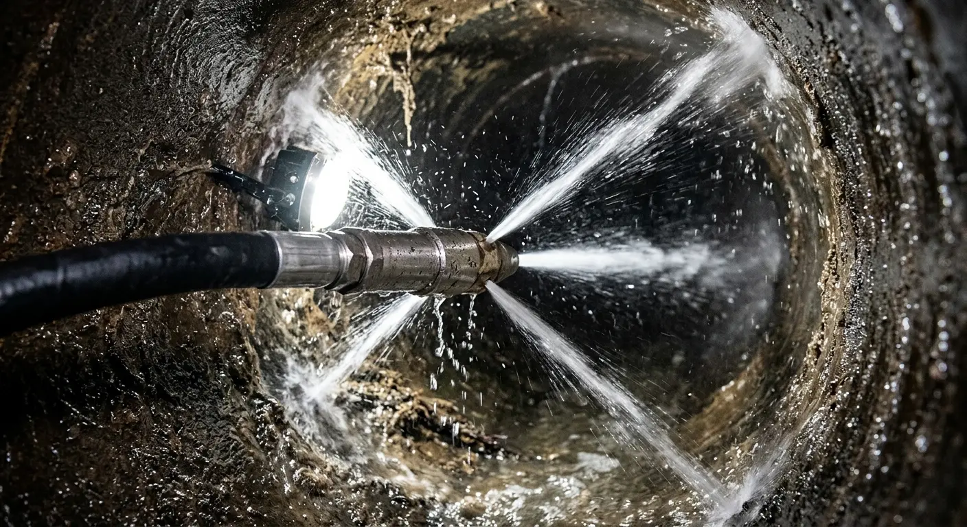 High-pressure hydro jetting nozzle cleaning sewer pipe for Emergency Drain Service in De Soto