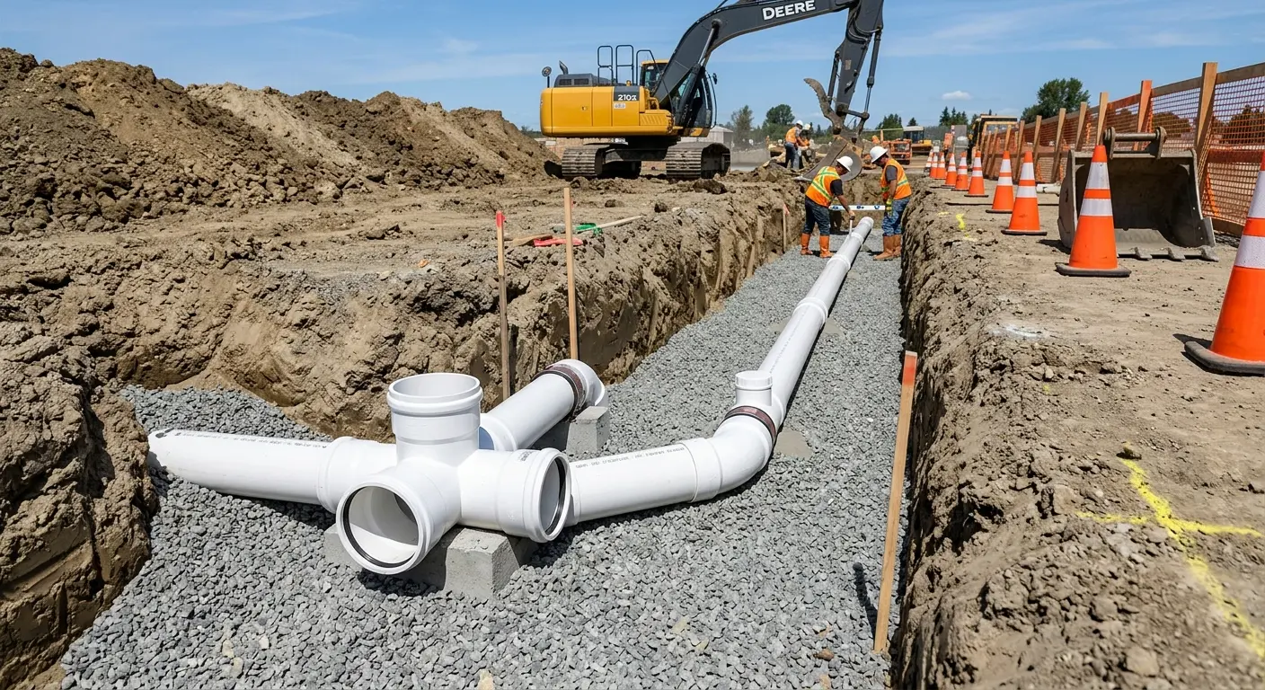 New PVC sewer pipe installation in open trench for Commercial Drain Cleaning in De Soto