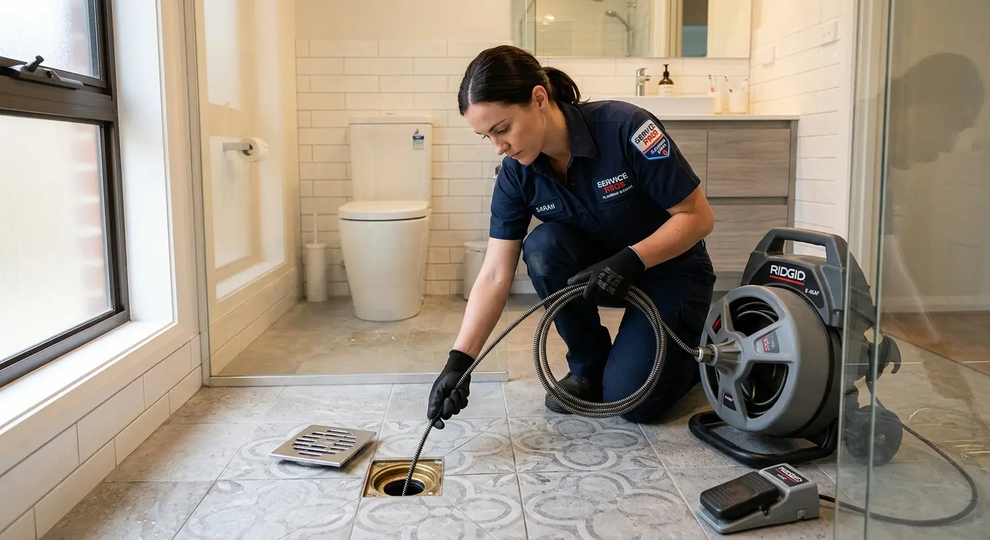 Technician clearing a bathroom floor drain for Drain Repair in De Soto